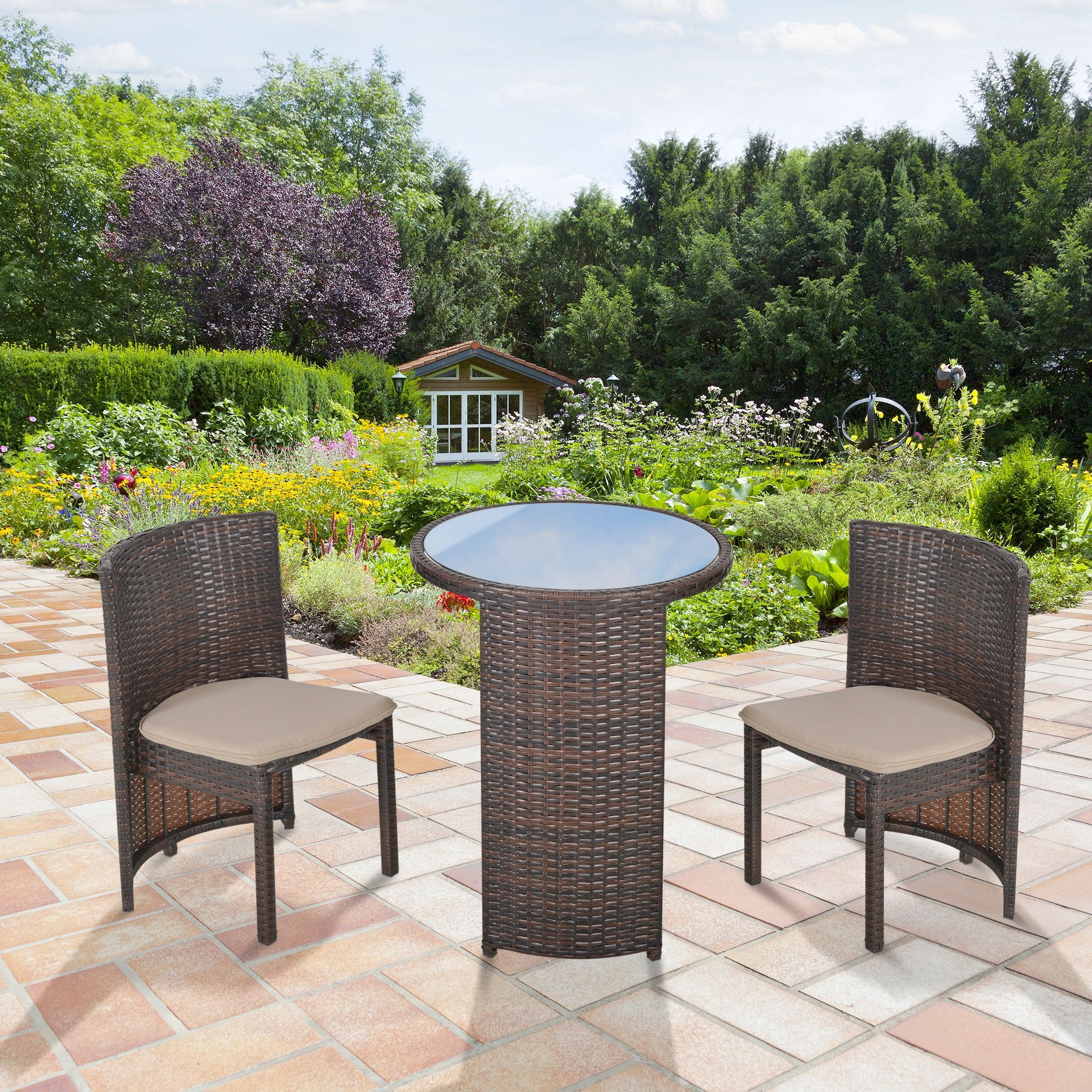 3 Piece Outdoor Rattan Wicker Bistro Set with Storage Shelf Conversation Set for Garden Backyard Porch