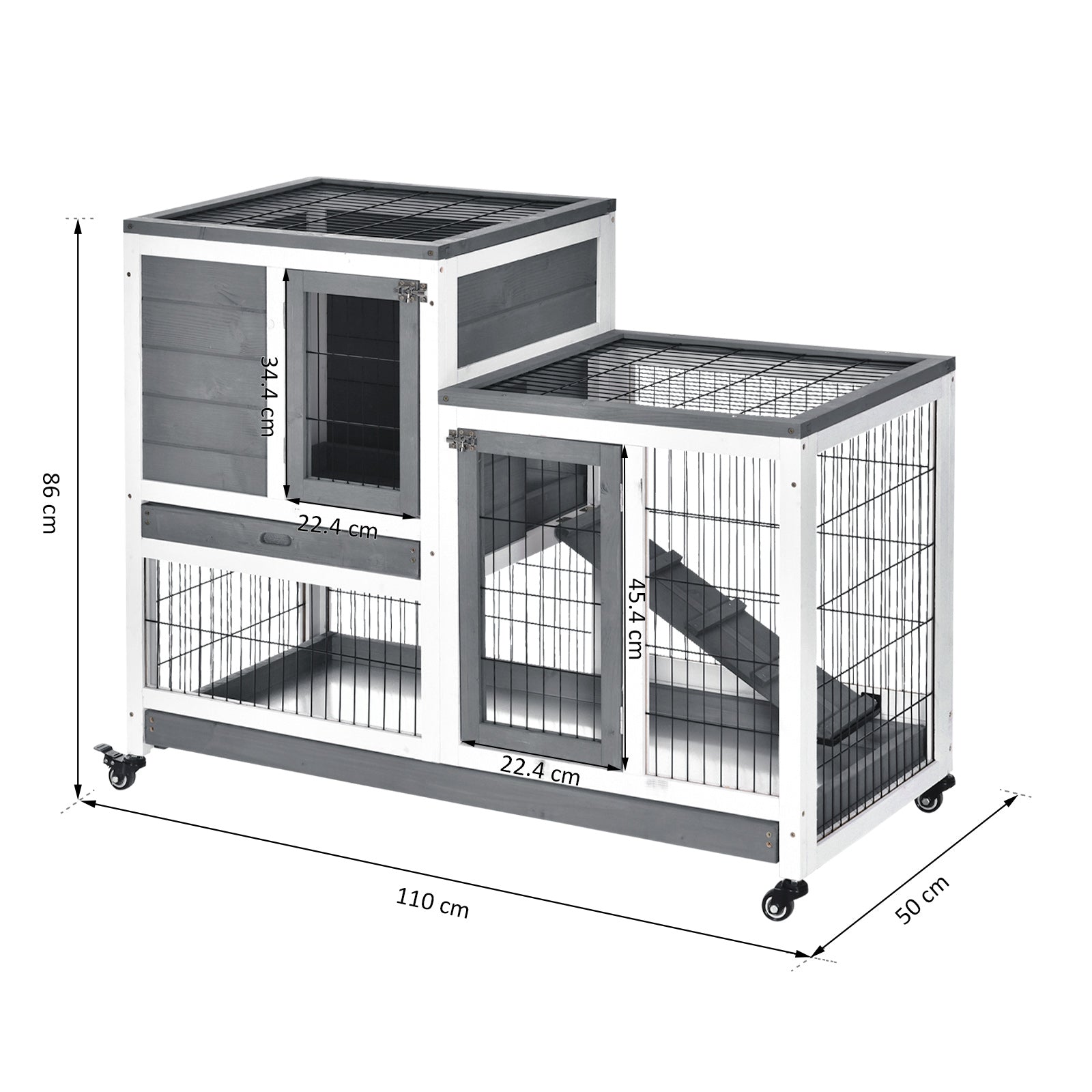 Wooden Indoor Rabbit Hutch Elevated Cage Habitat for Rabbits and Guinea Pigs - Grey and White