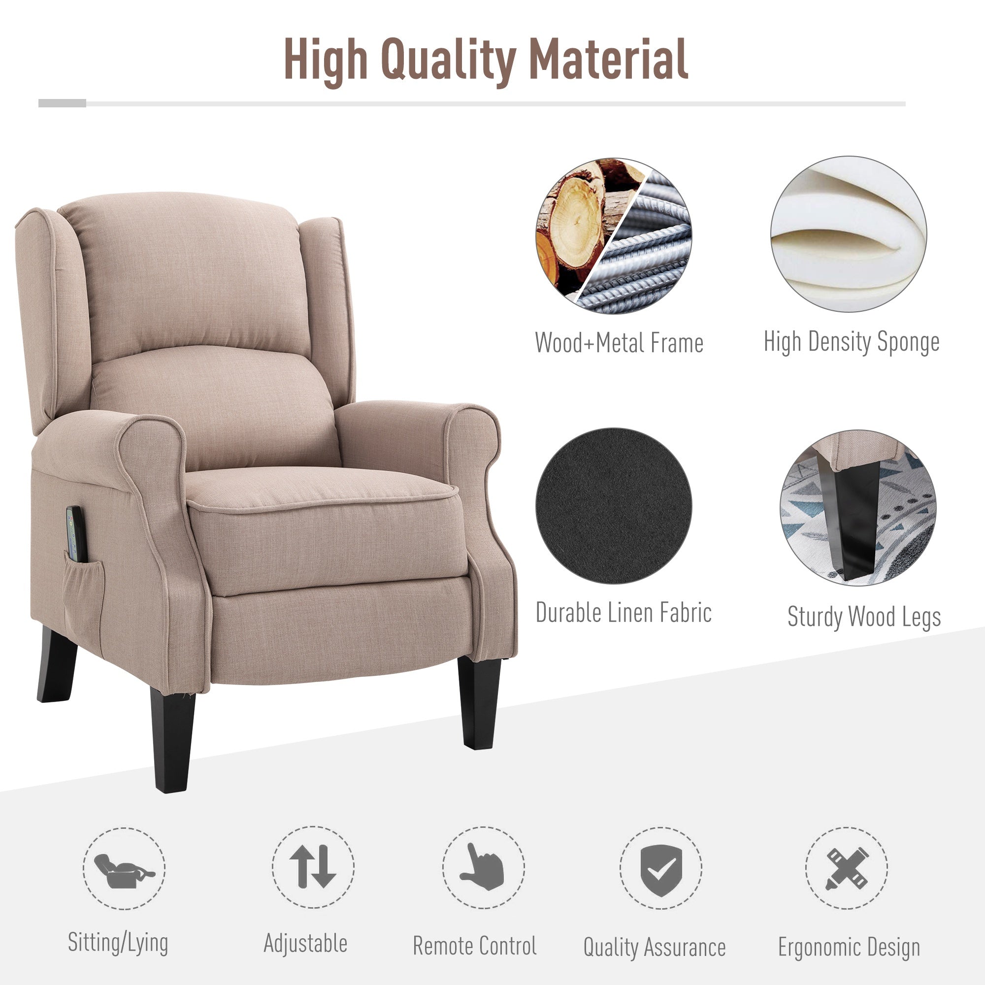 Vibrating Linen Fabric Heated Massage Chair Recliner Sofa Push-Back with Remote Controller