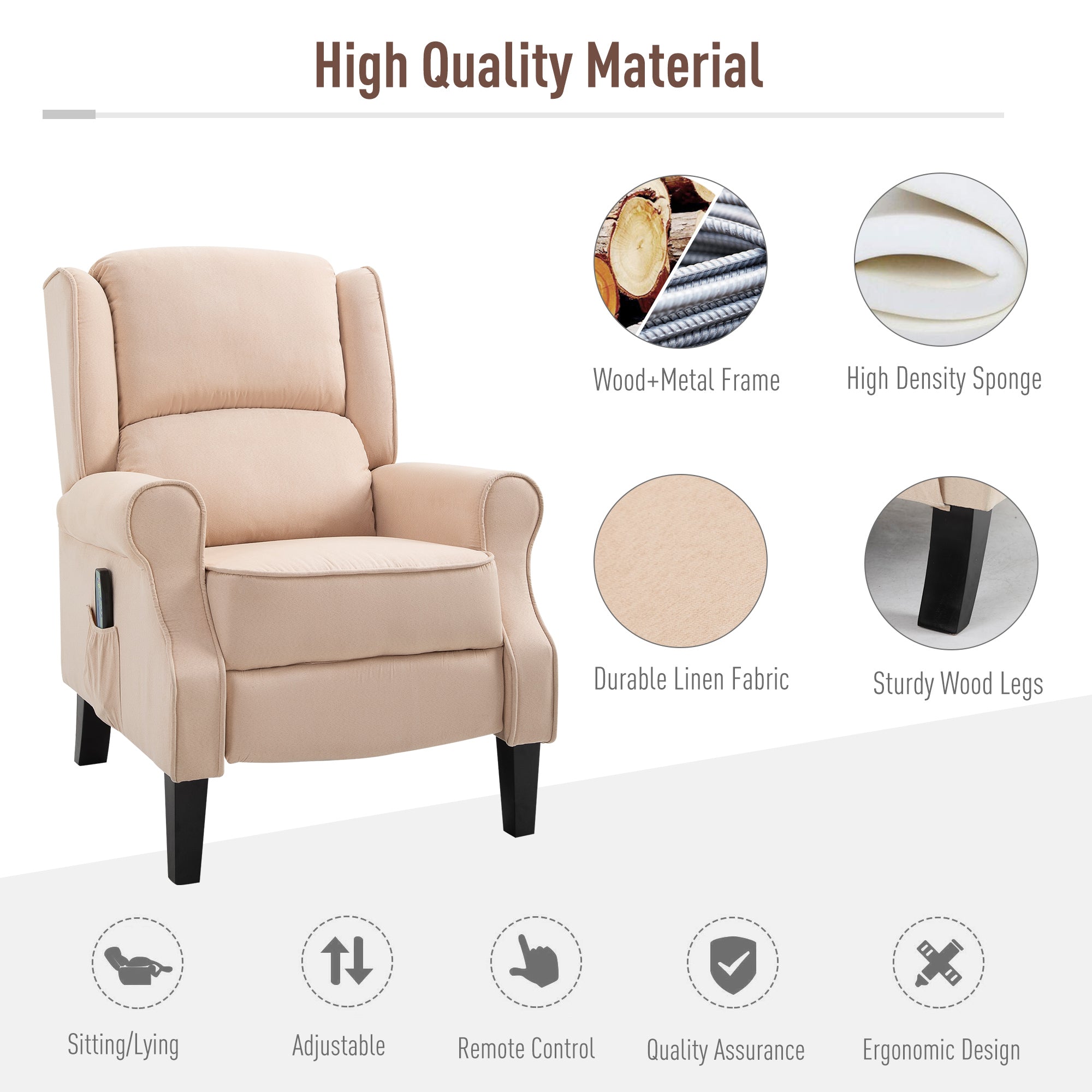 Heated Massage Chair Push-Back Vibrating Recliner Sofa Chair Suede Fabric Padded Seat with Remote Control