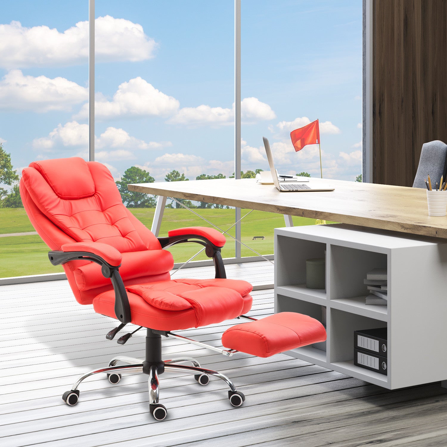Reclining PU Leather Executive Home Office Chair with Comfortable Faux Leather Extendable Footrest