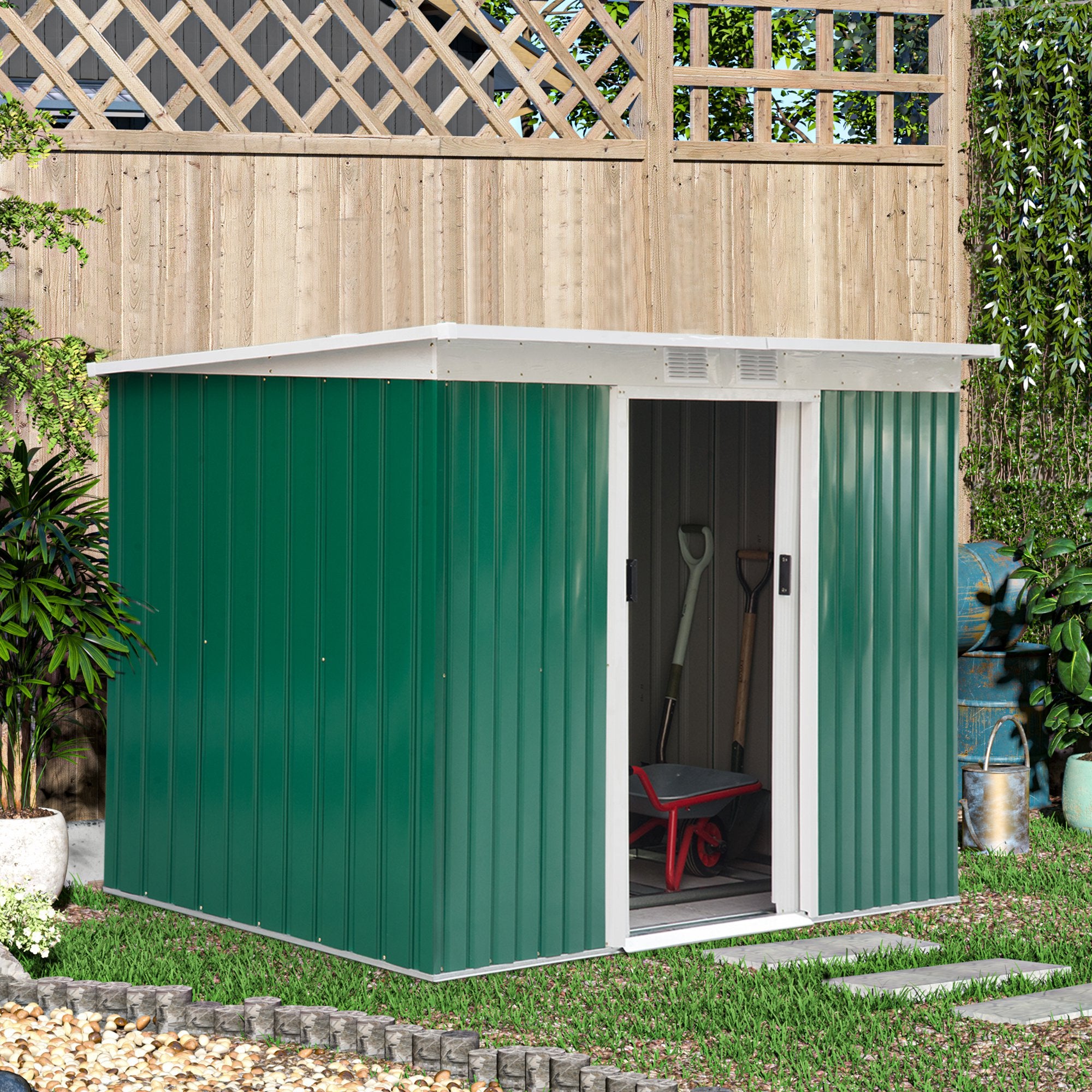 9’ x 4’ Outdoor Rust Resistant Metal Garden Vented Storage Shed Metal Tool Storage House - Green/White