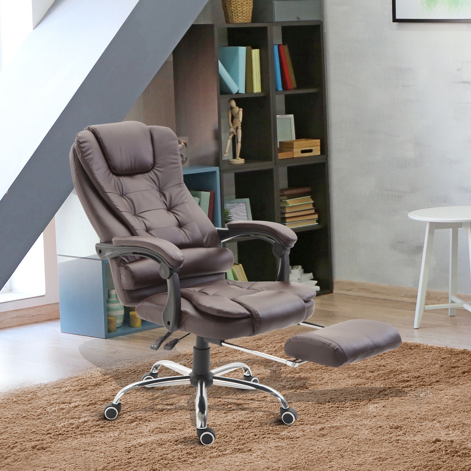 Reclining PU Leather Executive Home Office Chair with Comfortable Faux Leather Extendable Footrest