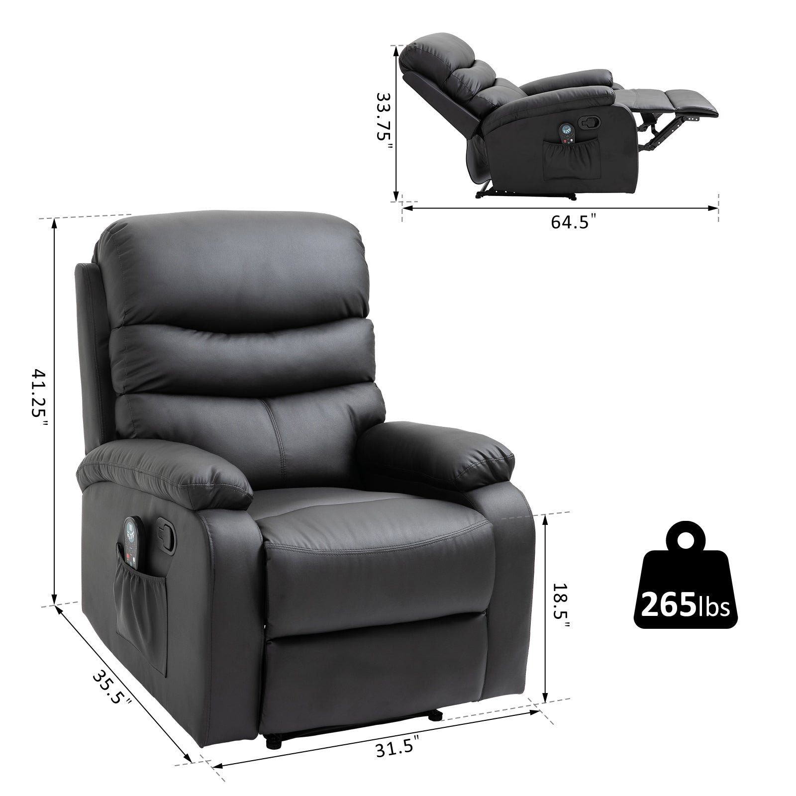 Manual Massage Recliner Chair with Heat and Remote Control 8 Massaging Points PU Leather