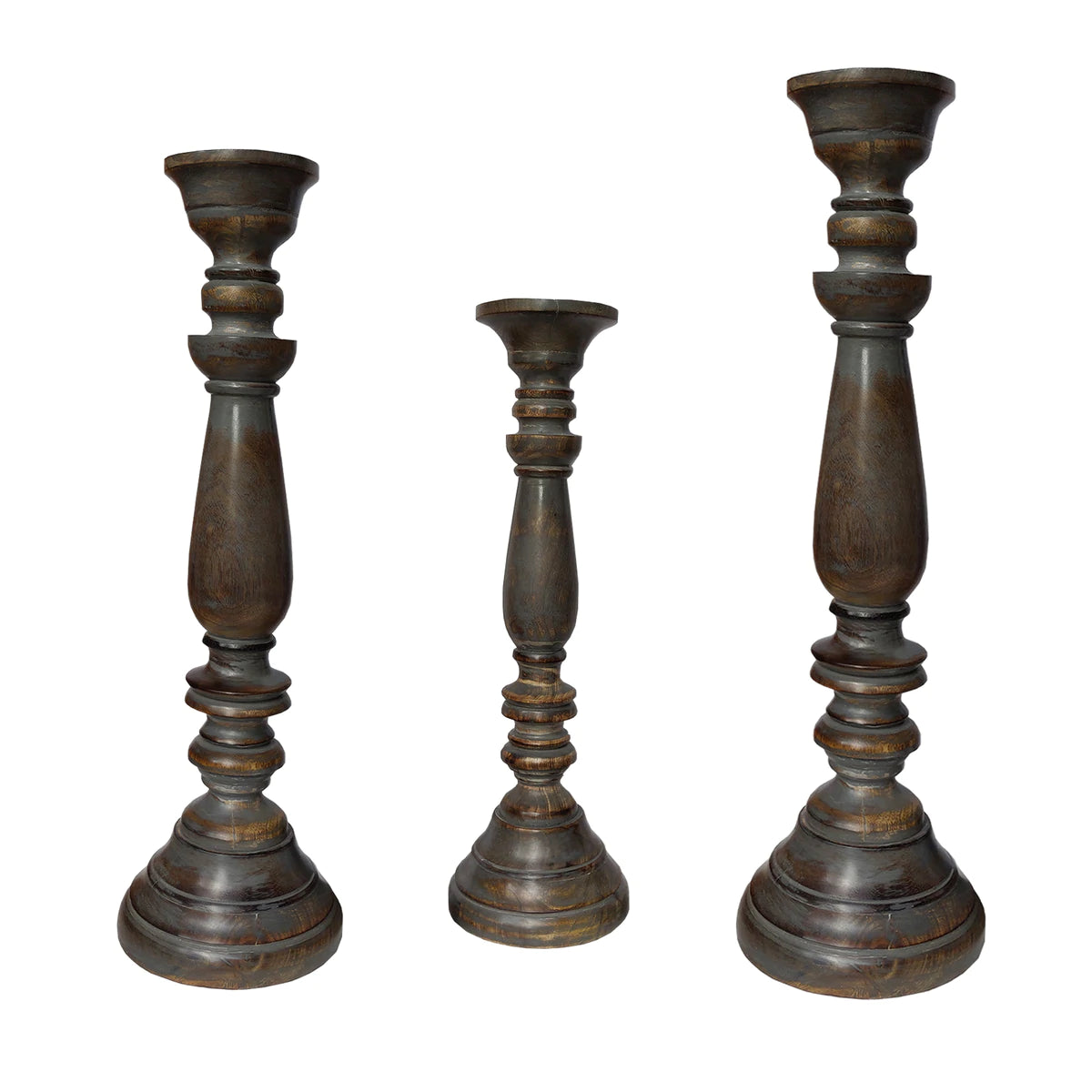 Handmade Pillar Shape Wooden Candle Holder With Flared Top Set Of 3