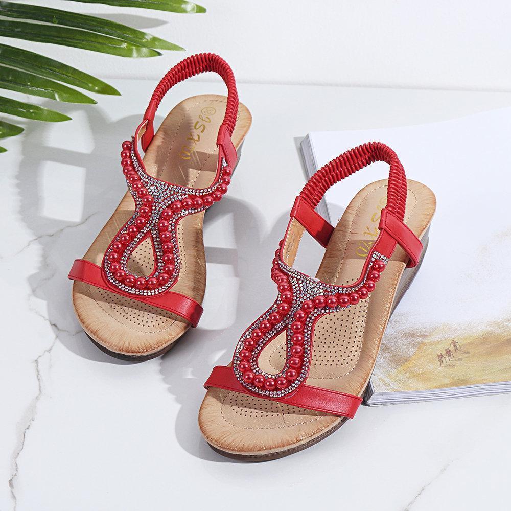 Women pearl rhinestone elastic wedges sandals