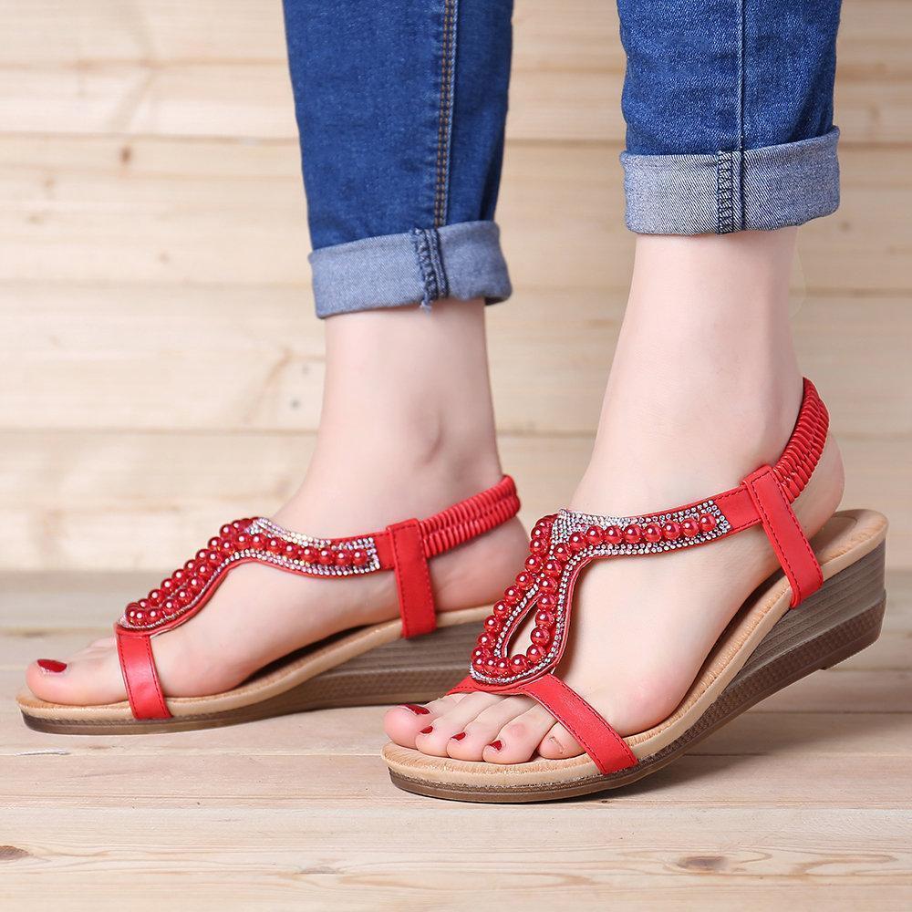 Women pearl rhinestone elastic wedges sandals