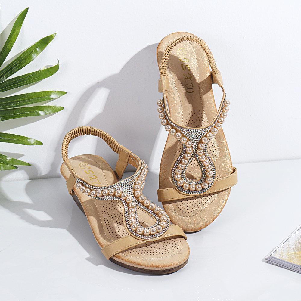 Women pearl rhinestone elastic wedges sandals