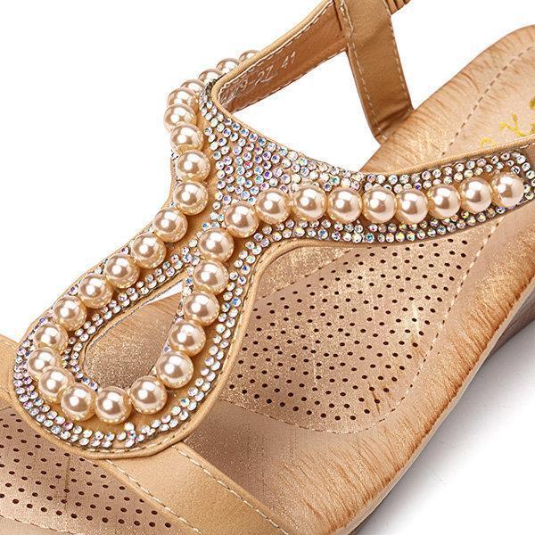 Women pearl rhinestone elastic wedges sandals