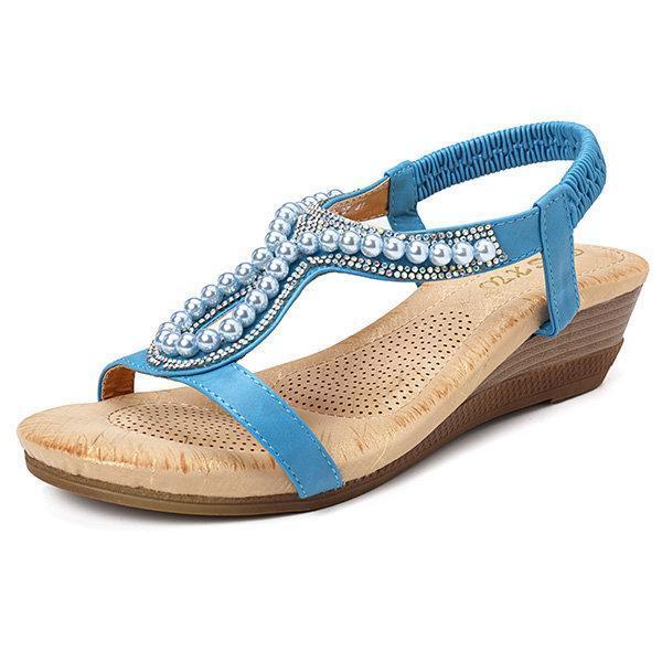 Women pearl rhinestone elastic wedges sandals