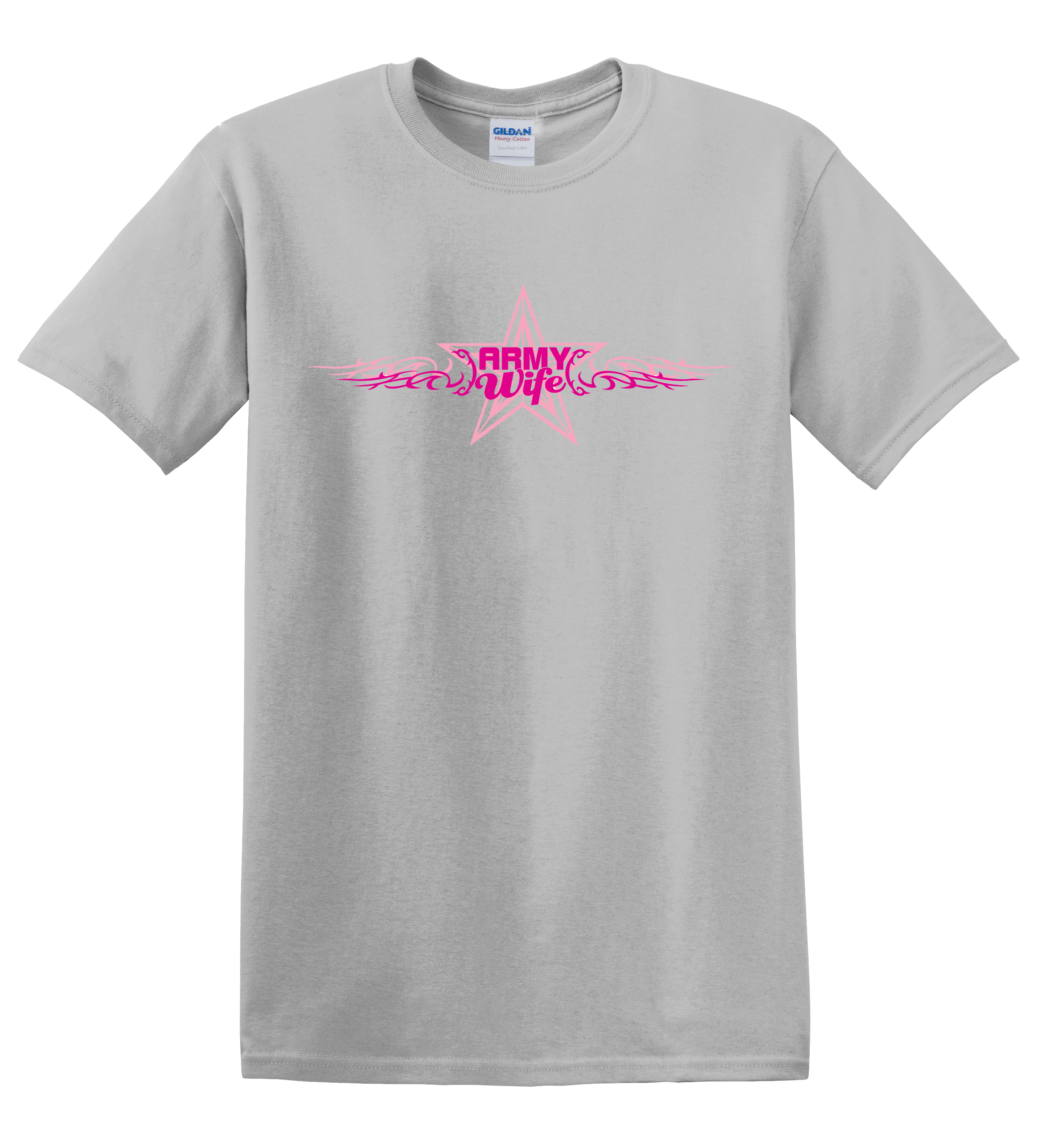 ARMY WIFE over Star Flanked with Scroll Design in PINK on Grey T Shirt