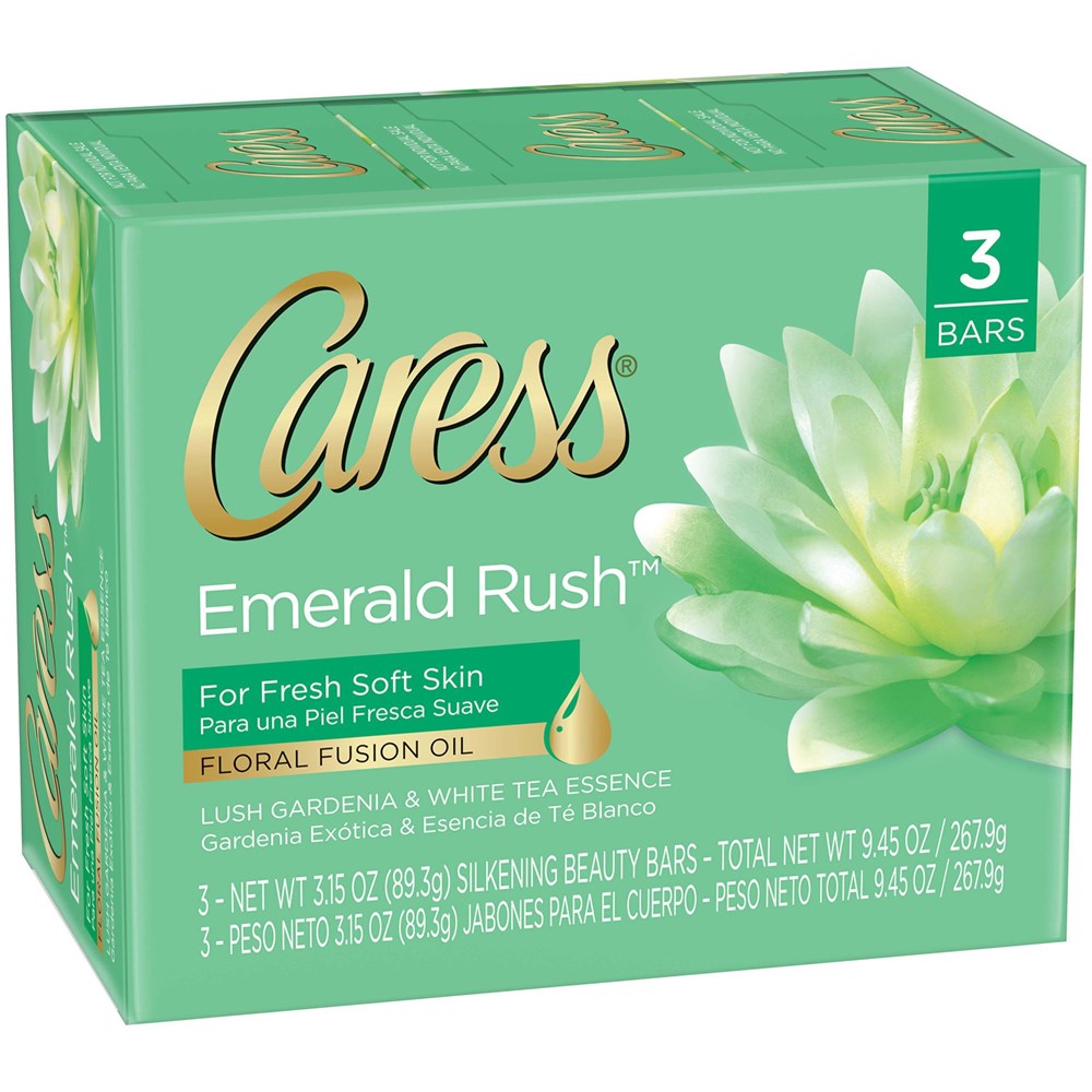 Caress Emerald Rush Gardenia- White Tea Essence 3 Bars 3.15 oz Each