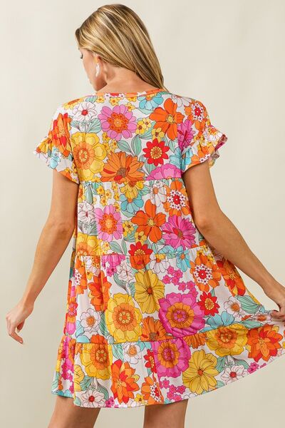 BiBi Retro Floral Short Sleeve Tiered Dress