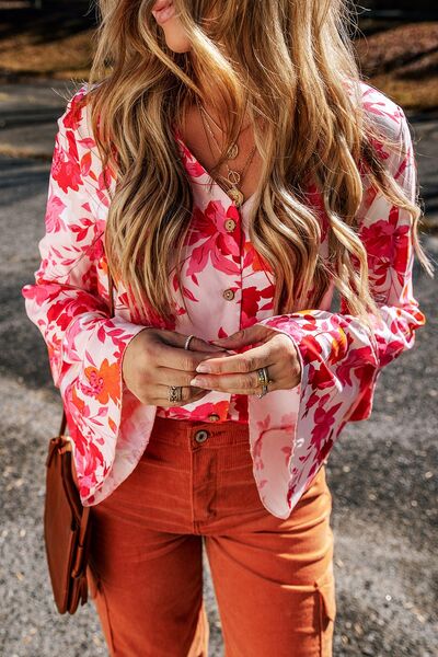 Floral Flare Statement Sleeve  V-Neck Bodysuit