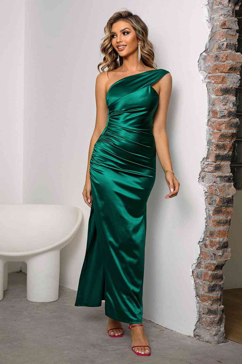 Emerald One-Shoulder Ruched Slit Maxi Dress