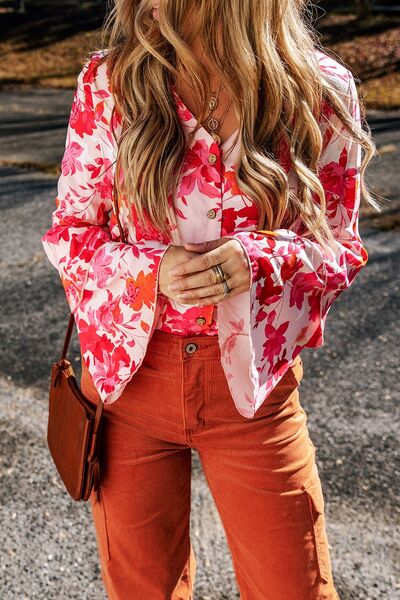 Floral Flare Statement Sleeve  V-Neck Bodysuit