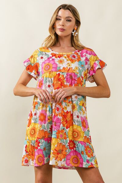 BiBi Retro Floral Short Sleeve Tiered Dress