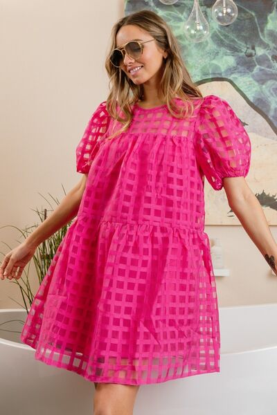 BiBi Fuchsia Gridded Organza Babydoll Dress