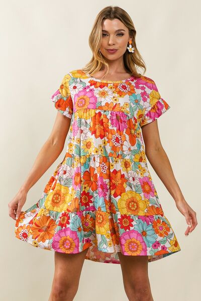 BiBi Retro Floral Short Sleeve Tiered Dress