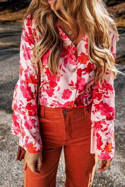 Floral Flare Statement Sleeve  V-Neck Bodysuit