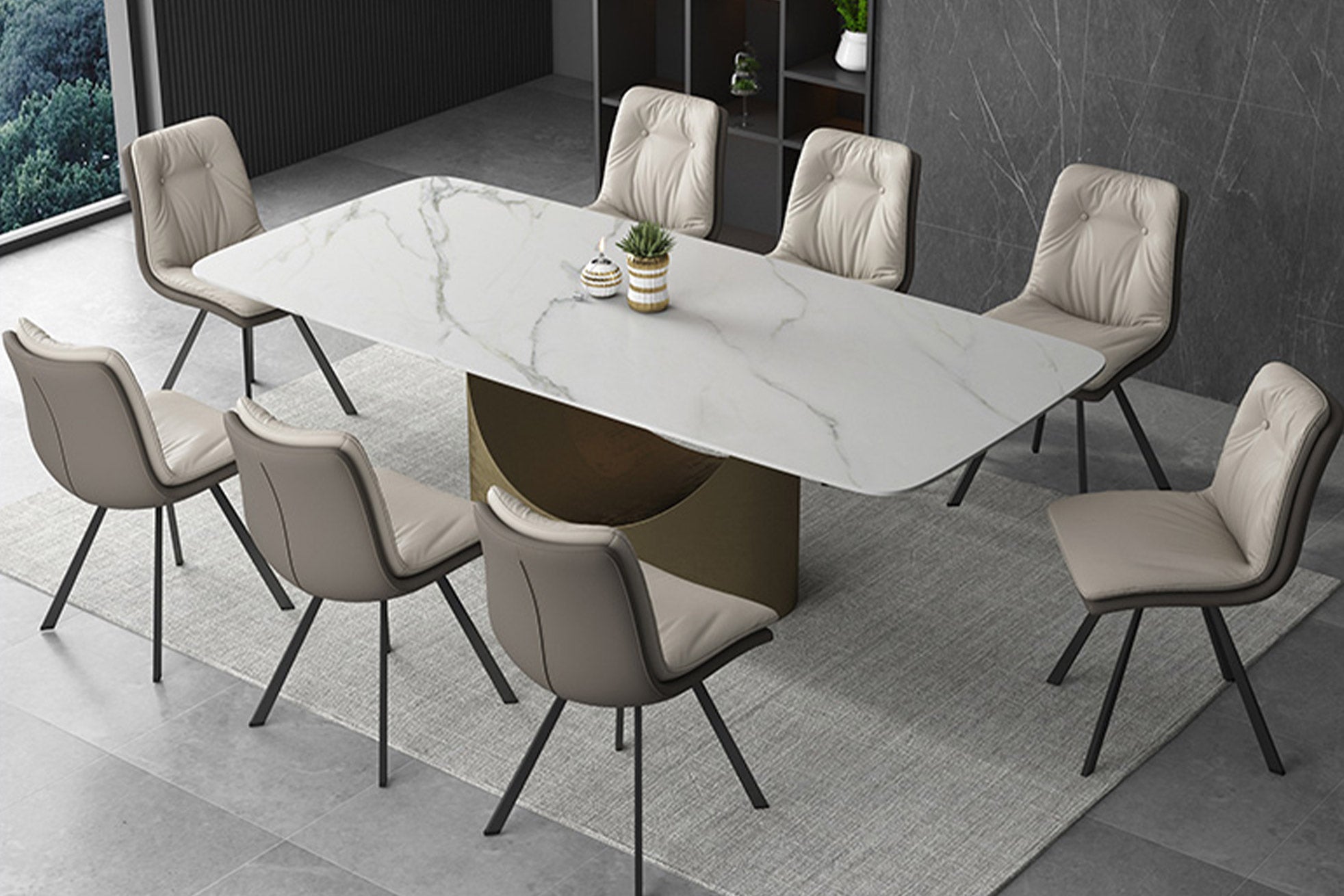 Hobart Minimalist Dining Table with Sintered Stone Top, Carbon Steel