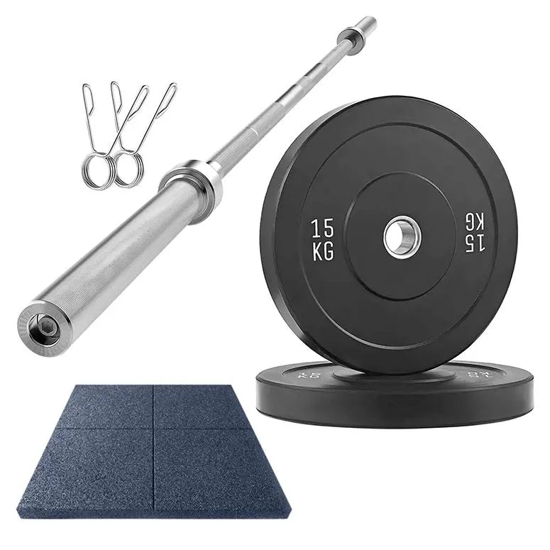 Olympic Barbell Bundle + Bumper Plate Weights + Rubber Tiles