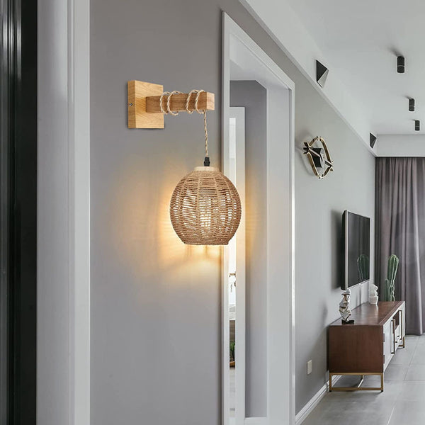 Contemporary Boho Rattan Weaving Cage Wooden Beams 1 Light Wall Sconce Lamp For Living Room