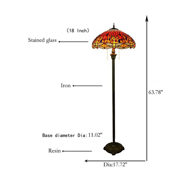 Vintage Tiffany Stained Glass Red Dragonfly 2-Light Standing Floor Lamp