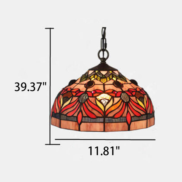 Vintage Tiffany Red Flower Stained Glass Dome 1-Light Pendant Light