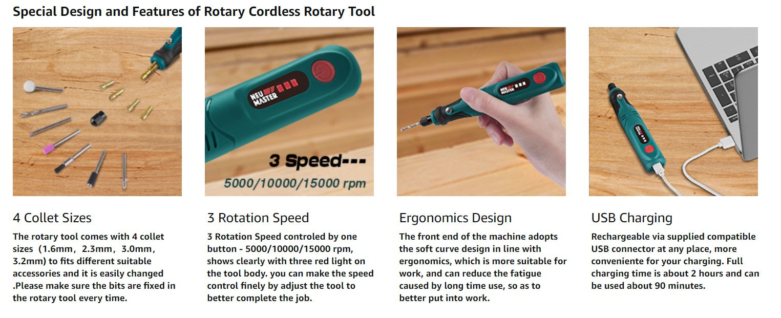 Cordless Rotary Tool , 3.7V Mini Rotary Tool Kit with 55pcs Accessories, 3-Speed USB Charging Power Rotary Tool for Sanding, Polishing, Engraving, Dri