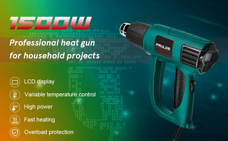 Heat Gun Variable Temperature, PRULDE N2030 Hot Air Gun with LCD Digital Display, 120°F-1200°F Temperature & Air Flow Adjustable and 6 Nozzles Attachments