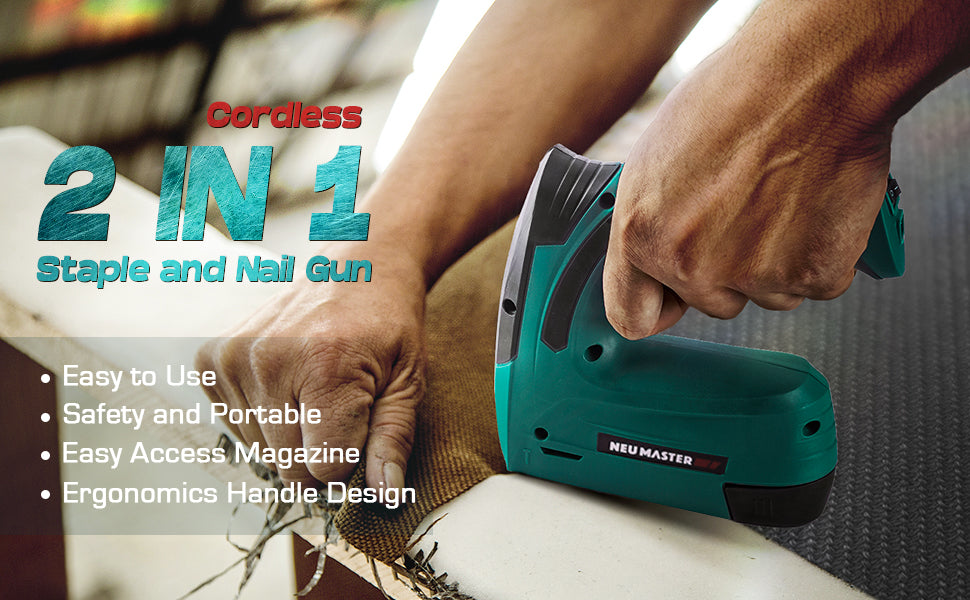 NEU MASTER Cordless Staple Gun, 4V Power Electric Brad Nailer/Stapler NEU MASTER 2-in-1 cordless staple gun are made of high quality materials for extremely durable and long-lasting use up to 10000-50000 shots. Perfect for stapling and nailing of cardboard, insulating material, fabrics, foils, leather, cardboard and etc. It featured by the built-in lithium-ion battery powered motor and will let you get rid of the hassle of using compressor, hose or costly gas cartridges, which is easy to be carried anywhere at work. The electric staple gun light weighted at 1.15lbs with which you can work for longer period of time or maneuver it into tight spots comfortably.  Easy to Use