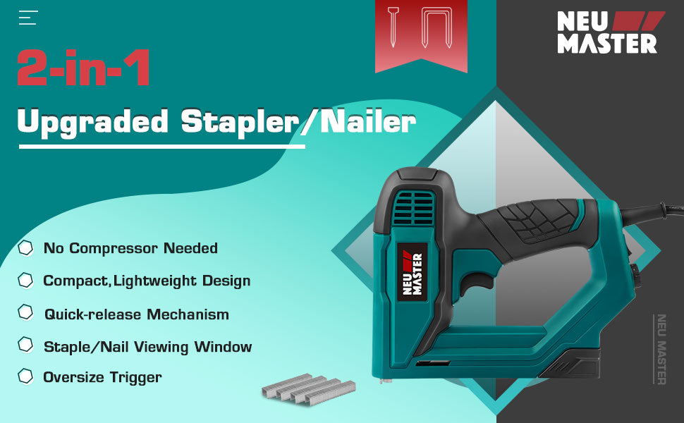 NEU MASTER NTC0060 2-in-1 Electric Staple gun and Nail gun design for DIYers, ideal for many light-duty DIY projects. No compressor needed and the nail gun features a quick-release mechanism and an over-molded grip for convenient use. Kit includes a Brad Nailer Stapler, 200pcs 5/8'' brad nails and 336pcs 3/8" staples.The versatile machine can operate as a stapler to finish some projects such as thin ceiling tile and carpet padding installation and as a nailer to finish some projects such as shelving, trim molding installation,
