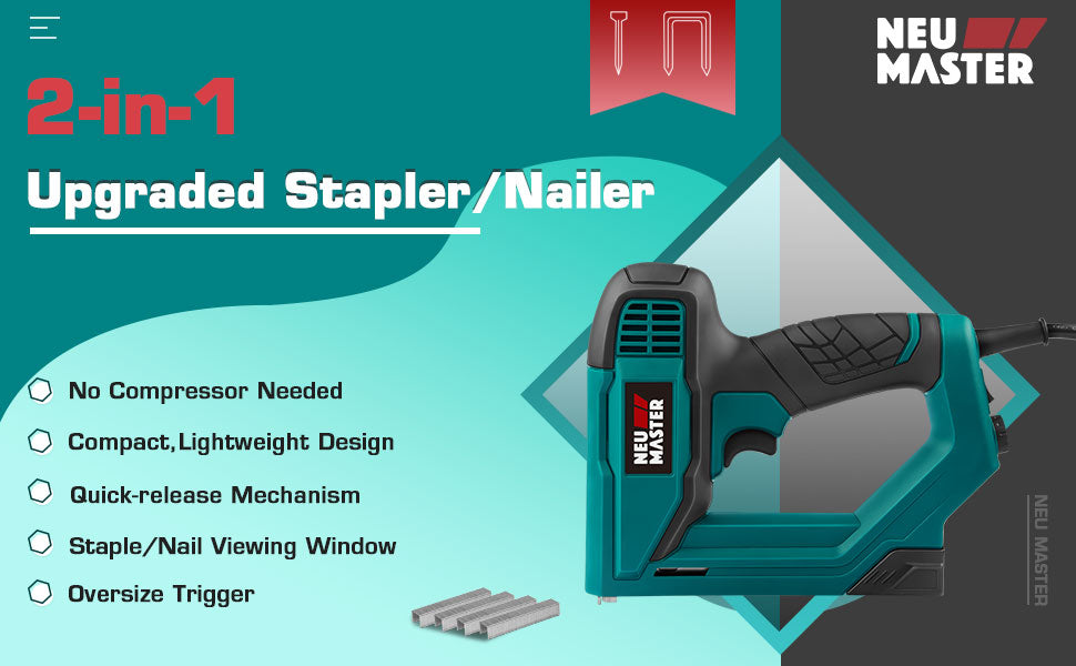 NEU MASTER NTC0060 2-in-1 Electric Staple gun and Nail gun design for DIYers, ideal for many light-duty DIY projects. No compressor needed and the nail gun features a quick-release mechanism and an over-molded grip for convenient use. Kit includes a Brad Nailer Stapler, 200pcs 5/8'' brad nails and 336pcs 3/8" staples.The versatile machine can operate as a stapler to finish some projects such as thin ceiling tile and carpet padding installation and as a nailer to finish some projects such as shelving, trim molding installation,