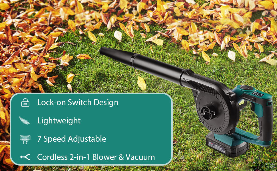 Product Overview The NEU MASTER 20V MAX Compact Jobsite Blower easily and quickly sweep small leaves and debris from hard surfaces like driveways, decks, porch, garages. Vacuum mode helps you clear dust on the corner, car, sofa, floor. It features max air flow at 90CFM. This blower has a 7-speed variable speed switch providing control and versatility. With a trigger lock-on that helps to reduce end-user fatigue. This unit is lightweight with a compact design that allows use in space-restricted areas.  Cordless designed for powerful, efficient convenient and operation. This compact Jobsite blower provides a standard nozzle for use with or without the extension tube. The Lock-on switch supports continuous blowing, relieves hand fatigue without holding the trigger. Adjustable speed switch provides 7 variable speeds in control the power of blowing. The efficient motor provides a significant amount of airflow: 90 CFM and 142 MPH. Rubber-covered blower handle provides a comfortable grip for one-handed operation. Compact and lightweight design allows you to operate a long time with ease.