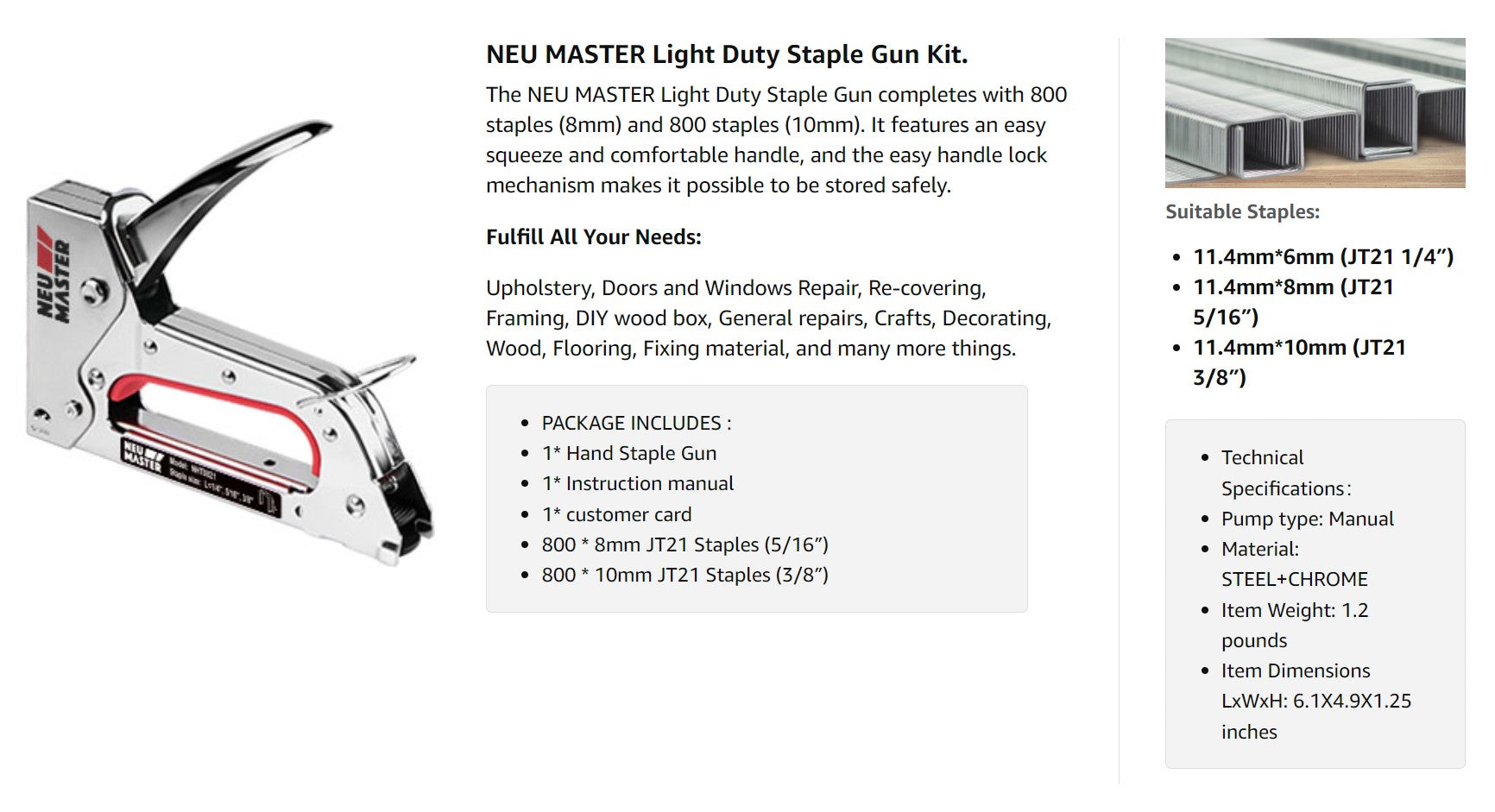 Staple Gun NEU MASTER, Light Duty Stapler Kit Come with 1600 pcs 5/16,3/8 inch JT21 Staple Strip, All Steel Tacker for General Repairs, Crafts, Upholstery, Decorating.