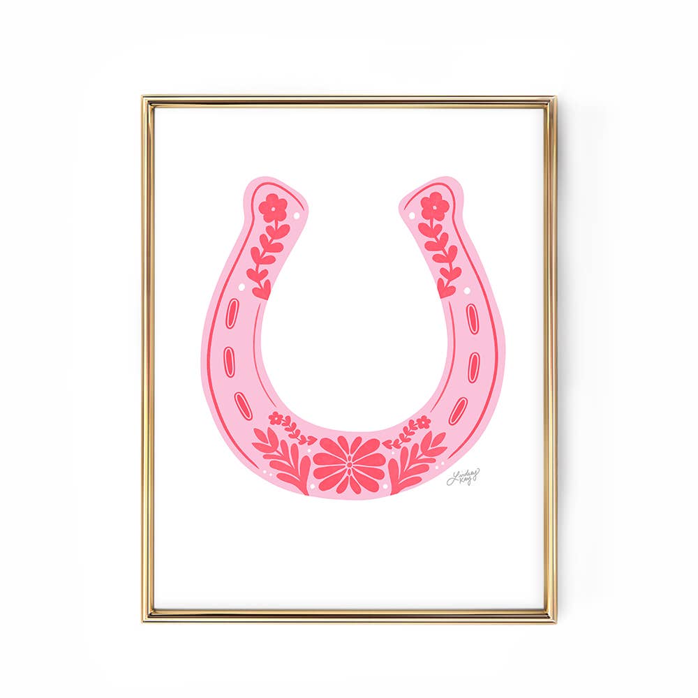 Western Floral Horseshoe Illustration - Art Print: 5x7 / Pink