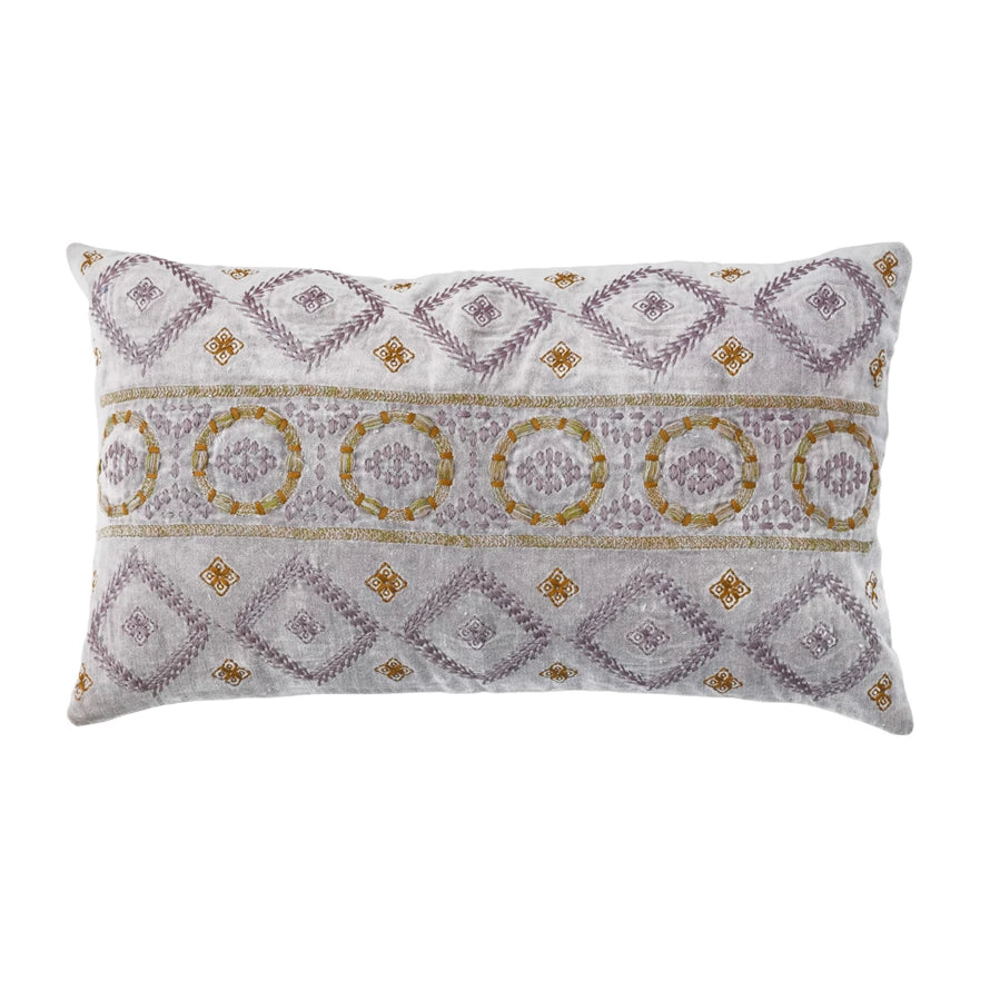 Cotton Velvet Lumbar Pillow w/ Embroidered Pattern & Chambray Back