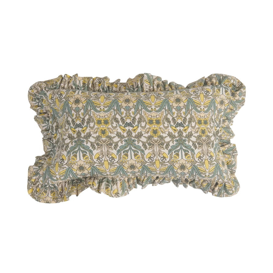 Cotton Lumbar Pillow with Floral Pattern & Ruffle