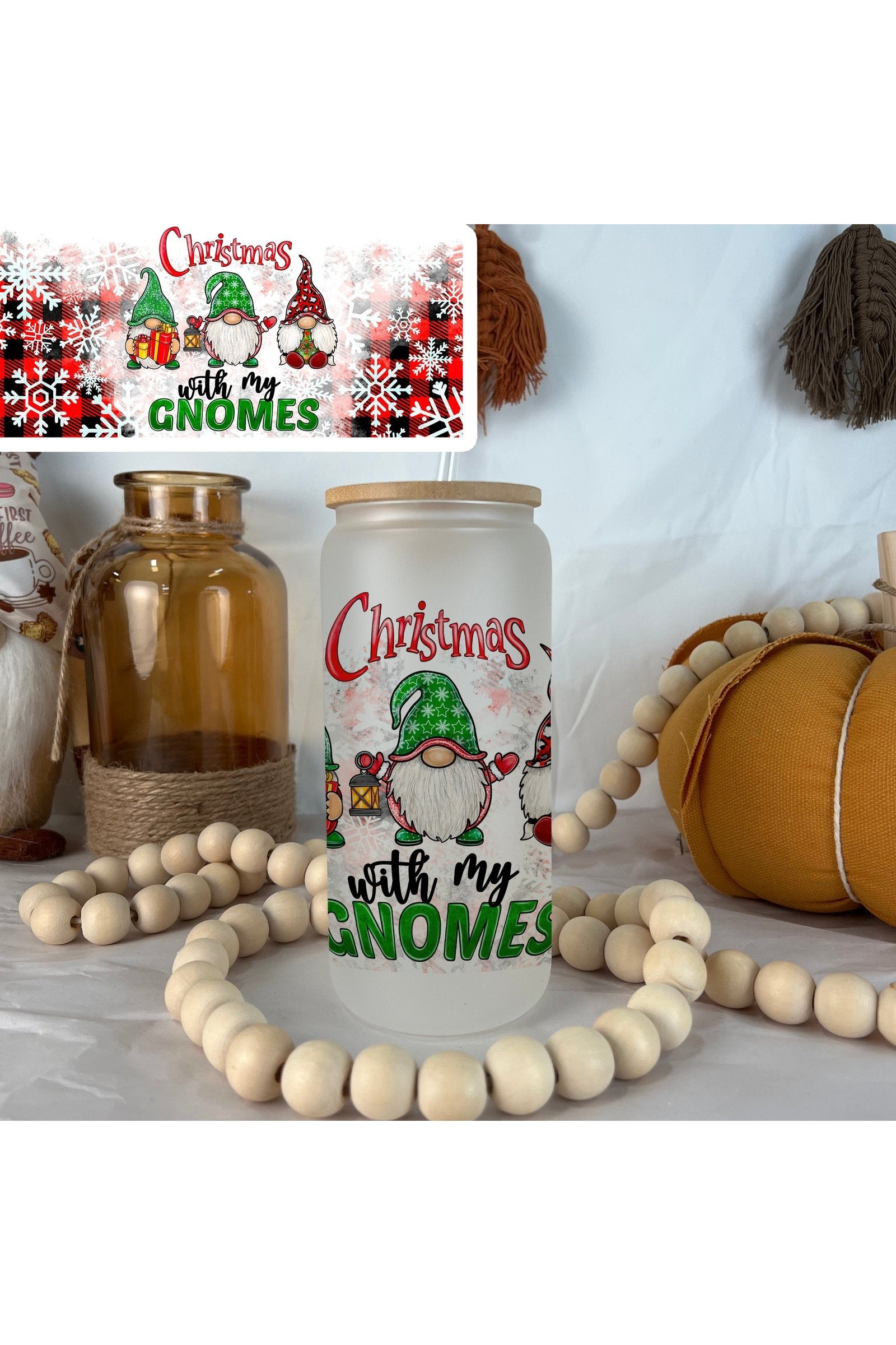 Christmas With My Gnomes Frosted Glass Can 20oz