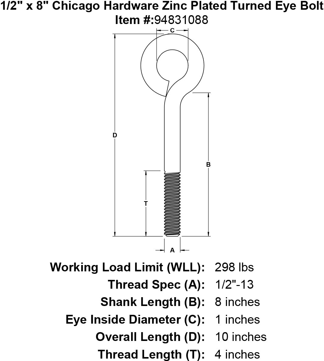 Chicago Hardware Zinc Plated Turned Eye Bolts