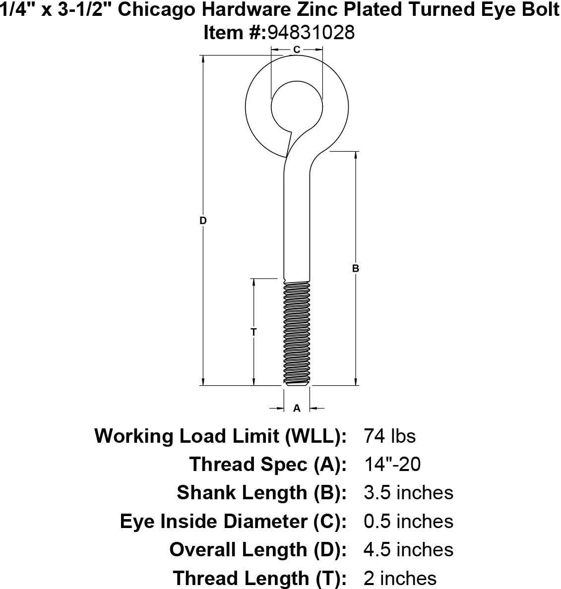 Chicago Hardware Zinc Plated Turned Eye Bolts