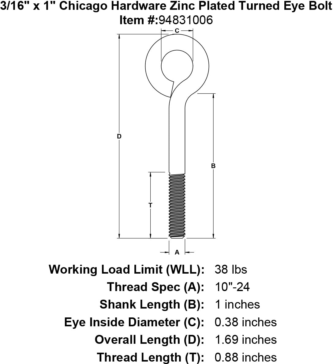 Chicago Hardware Zinc Plated Turned Eye Bolts