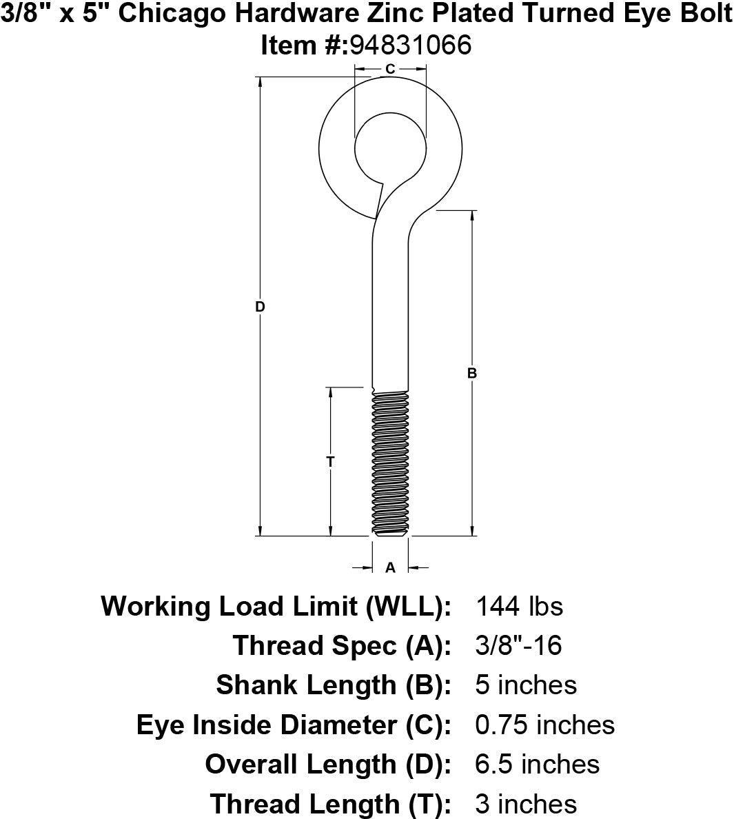 Chicago Hardware Zinc Plated Turned Eye Bolts