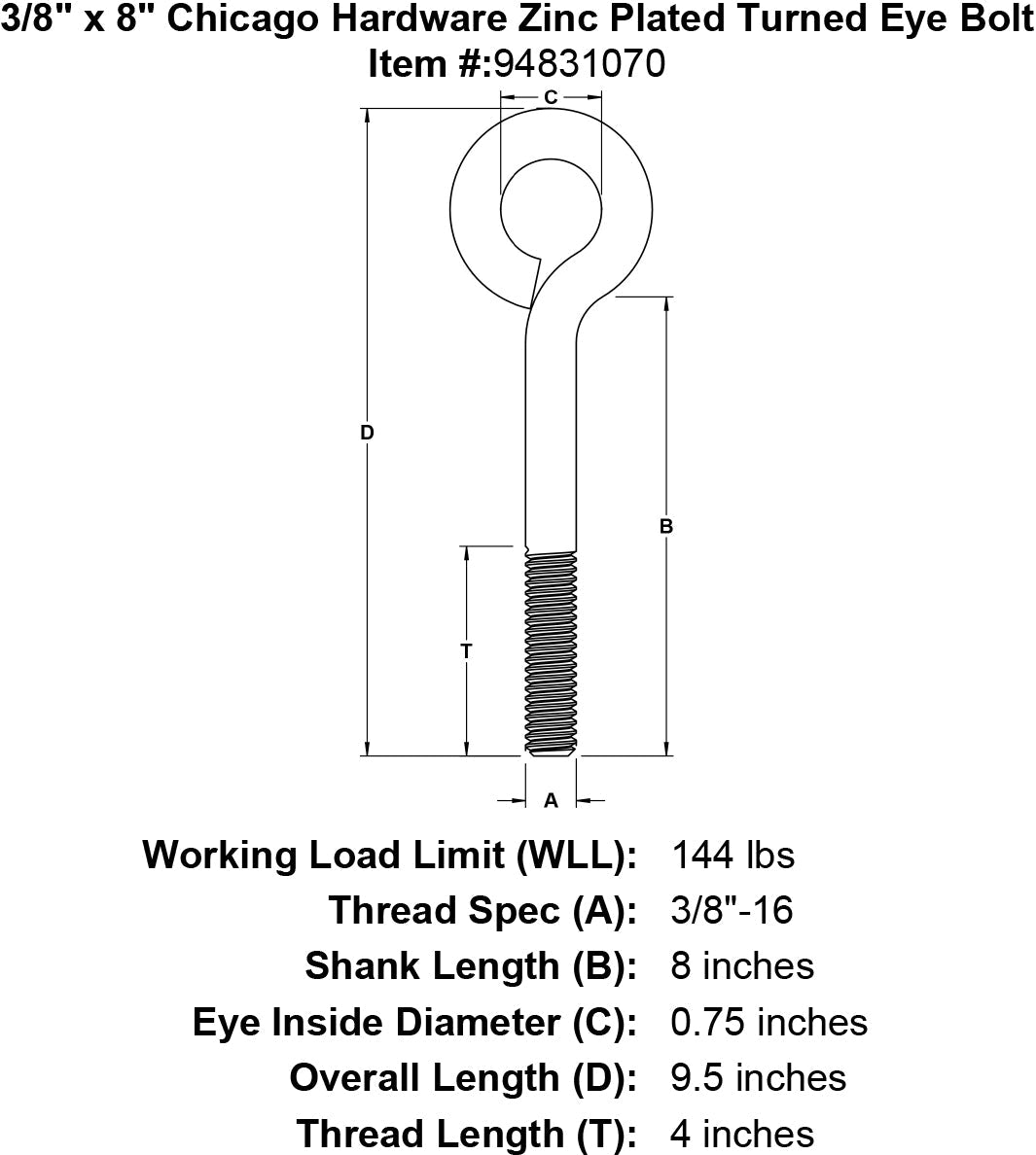 Chicago Hardware Zinc Plated Turned Eye Bolts