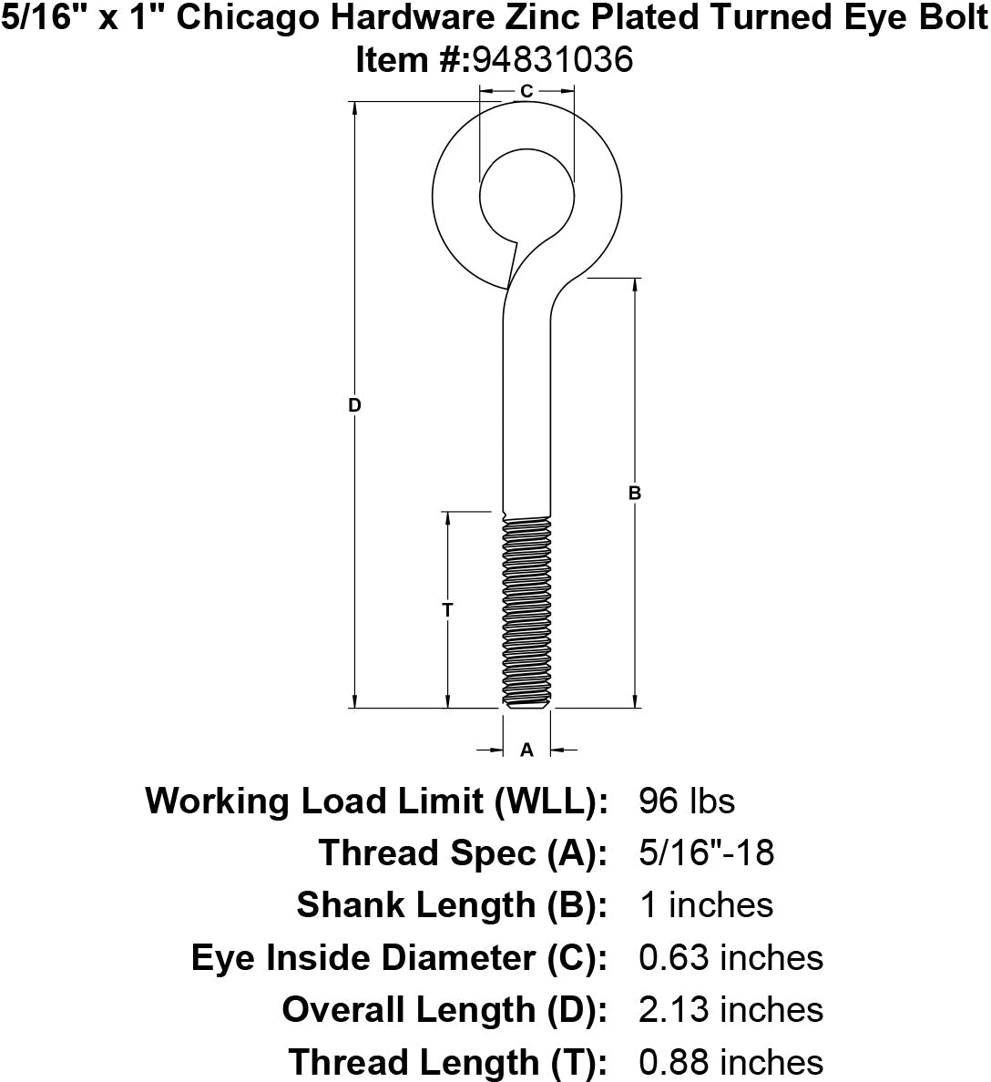 Chicago Hardware Zinc Plated Turned Eye Bolts