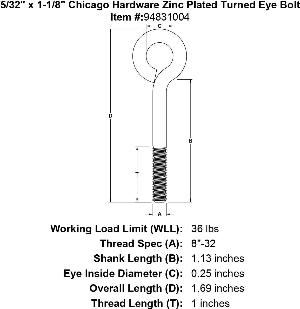 Chicago Hardware Zinc Plated Turned Eye Bolts