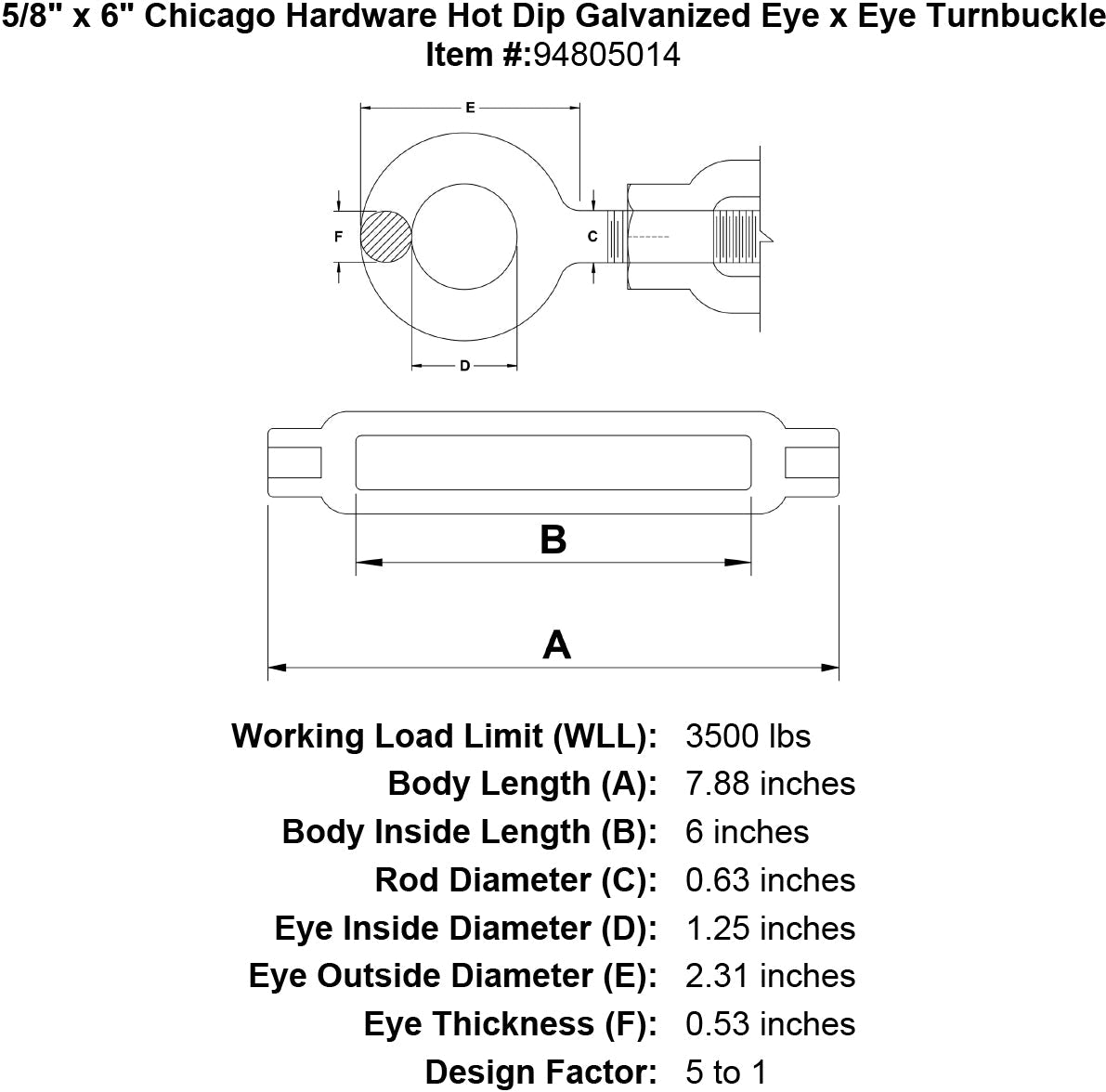 Chicago Hardware Hot Dip Galvanized Eye x Eye Turnbuckles