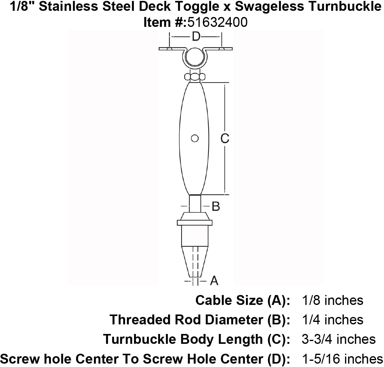 Stainless Steel Swageless Deck Toggle Turnbuckle