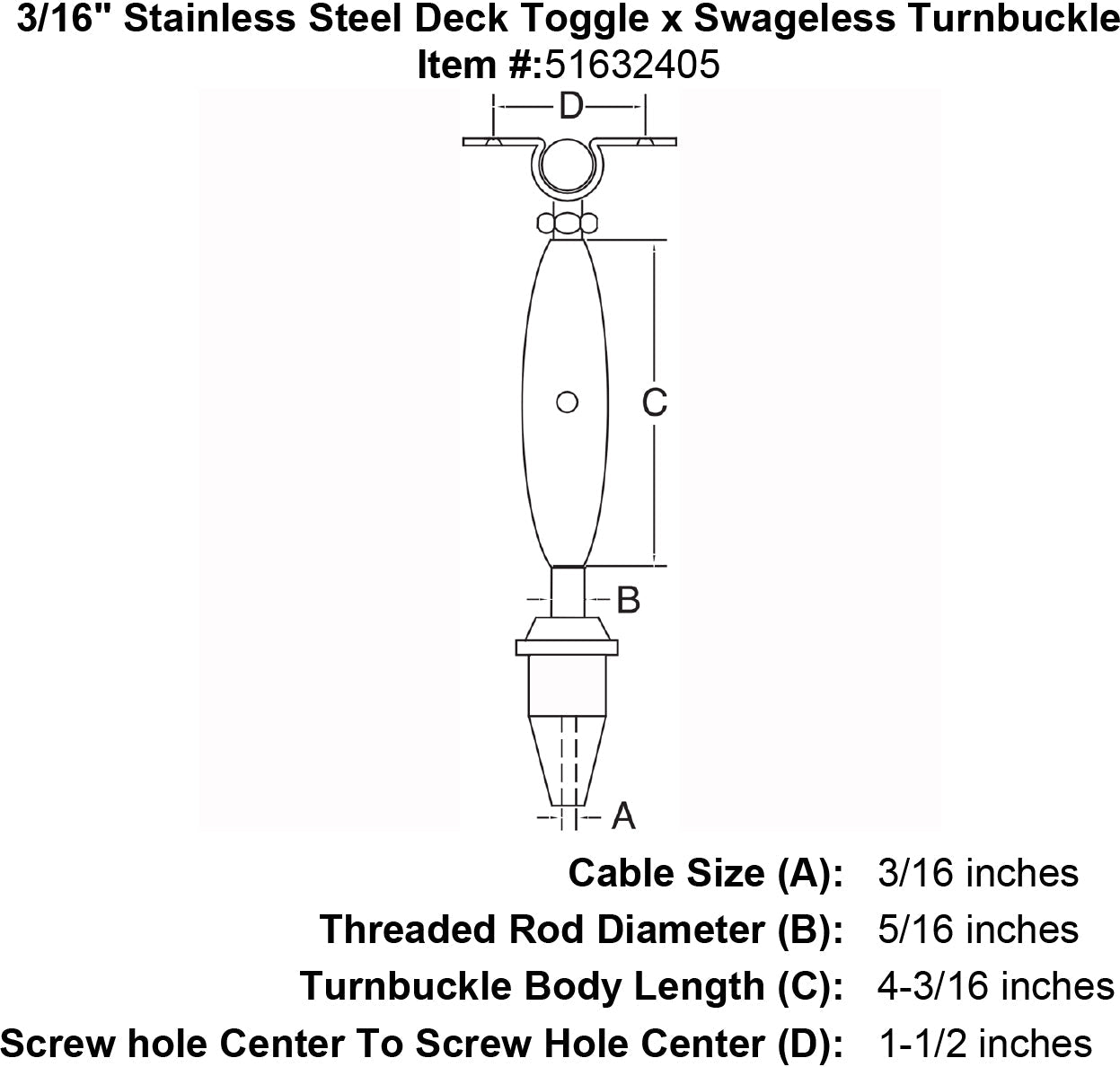 Stainless Steel Swageless Deck Toggle Turnbuckle